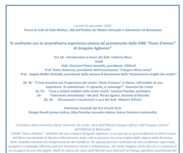 A confronto con la straordinaria esperienza umana ed assistenziale della ONG “Oasis d’amour” di Gregoire Agbenon